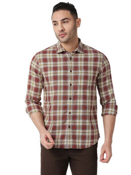 BASICS - Checked Red Pure Cotton Slim Fit Casual Shirt