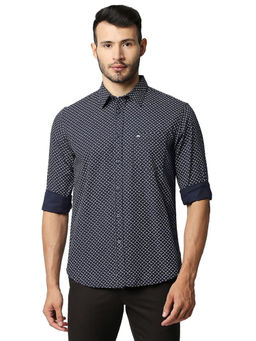 BASICS - Printed Navy Blue Pure Cotton Slim Fit Casual Shirt