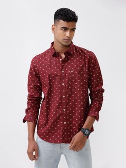 BASICS - Printed Maroon Pure Cotton Slim Fit Casual Shirt