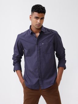 BASICS - Printed Navy Blue Pure Cotton Slim Fit Casual Shirt