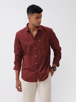 BASICS - Printed Red Pure Cotton Slim Fit Casual Shirt