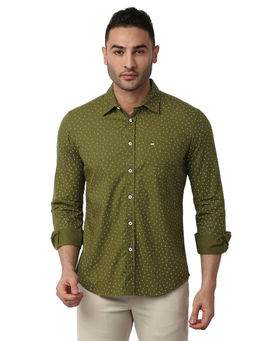 BASICS - Printed Olive Pure Cotton Slim Fit Casual Shirt