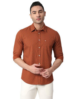 BASICS - Printed Rust Pure Cotton Slim Fit Casual Shirt