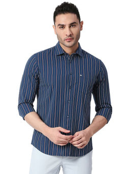 BASICS - Stripes Navy Blue Pure Cotton Slim Fit Casual Shirt