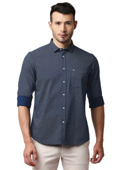 BASICS - Printed Navy Blue Pure Cotton Slim Fit Casual Shirt