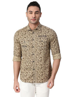 BASICS - Printed Khaki Pure Cotton Slim Fit Casual Shirt