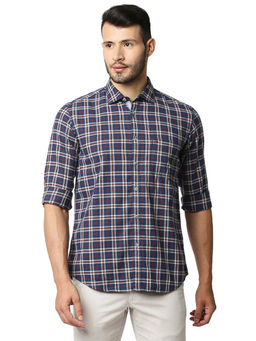 BASICS - Checked Navy Blue Pure Cotton Slim Fit Casual Shirt