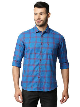 BASICS - Checked Blue Pure Cotton Slim Fit Casual Shirt