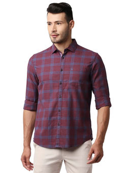 BASICS - Checked Maroon Pure Cotton Slim Fit Casual Shirt