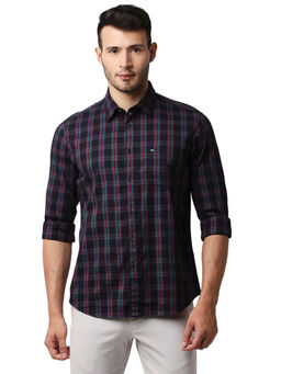 BASICS - Checked Navy Blue Pure Cotton Slim Fit Casual Shirt