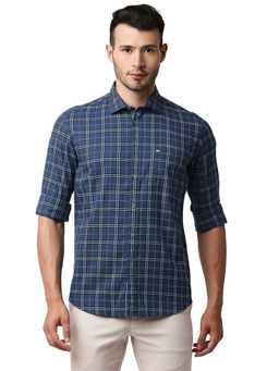 BASICS - Checked Blue Pure Cotton Slim Fit Casual Shirt