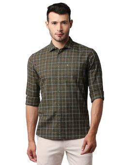 BASICS - Checked Olive Pure Cotton Slim Fit Casual Shirt