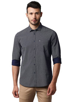 BASICS - Printed Navy Blue Pure Cotton Slim Fit Casual Shirt