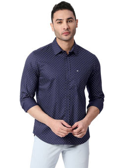BASICS - Printed Navy Blue Pure Cotton Slim Fit Casual Shirt