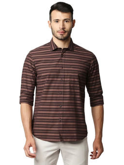 BASICS - Stripes Brown Pure Cotton Slim Fit Casual Shirt