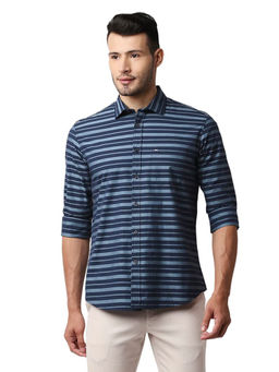 BASICS - Stripes Blue Pure Cotton Slim Fit Casual Shirt