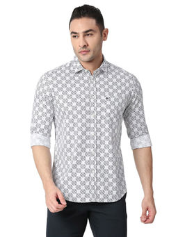BASICS - Printed White Pure Cotton Slim Fit Casual Shirt