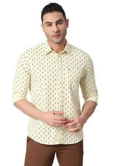 BASICS - Printed Yellow Pure Cotton Slim Fit Casual Shirt