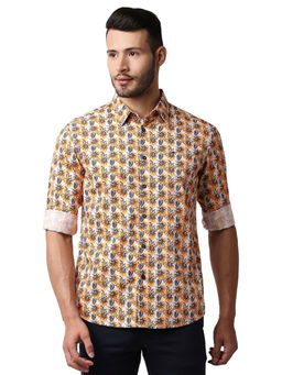 BASICS - Floral Orange Pure Cotton Slim Fit Casual Shirt