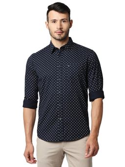 BASICS - Printed Navy Blue Pure Cotton Slim Fit Casual Shirt