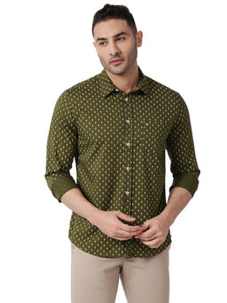 BASICS - Printed Olive Pure Cotton Slim Fit Casual Shirt