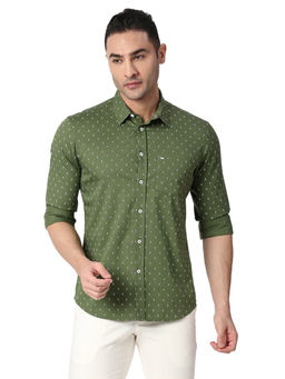 BASICS - Printed Green Pure Cotton Slim Fit Casual Shirt