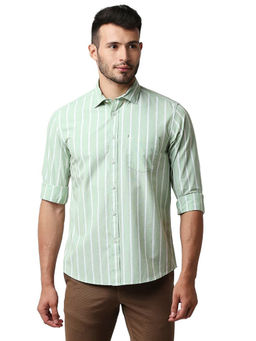 BASICS - Stripes Green Pure Cotton Slim Fit Casual Shirt