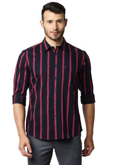 BASICS - Stripes Navy Blue Pure Cotton Slim Fit Casual Shirt
