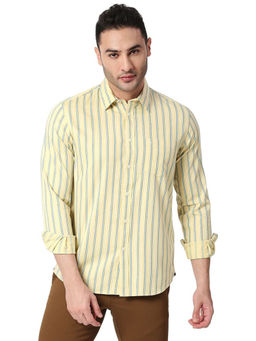 BASICS - Stripes Yellow Pure Cotton Slim Fit Casual Shirt
