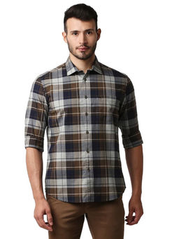 BASICS - Checked Brown Pure Cotton Slim Fit Casual Shirt