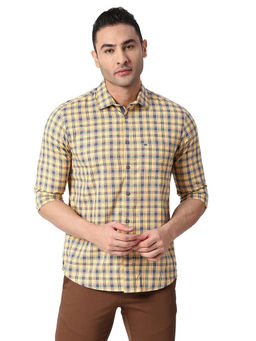 BASICS - Checked Yellow Pure Cotton Slim Fit Casual Shirt