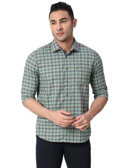 BASICS - Checked Light Green Pure Cotton Slim Fit Casual Shirt