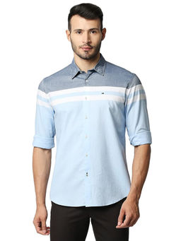BASICS - Stripes Blue Pure Cotton Slim Fit Casual Shirt