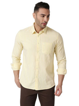 BASICS - Stripes Yellow Pure Cotton Slim Fit Casual Shirt