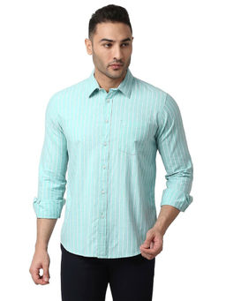 BASICS - Stripes Turquoise Pure Cotton Slim Fit Casual Shirt