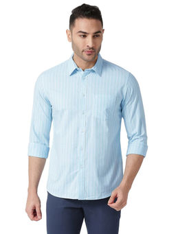 BASICS - Stripes Blue Pure Cotton Slim Fit Casual Shirt