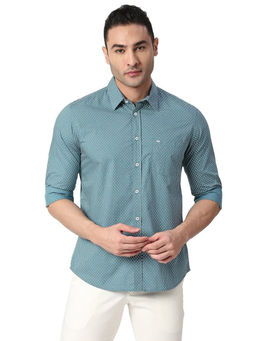 BASICS - Printed Turquoise Pure Cotton Slim Fit Casual Shirt