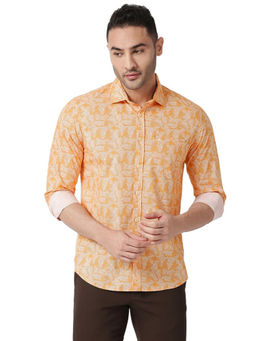 BASICS - Printed Orange Pure Cotton Slim Fit Casual Shirt