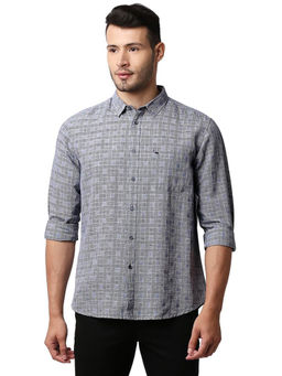 BASICS - Checked Grey Cotton Linen Slim Fit Casual Shirt