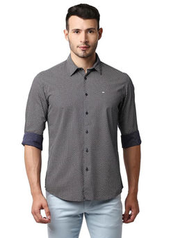 BASICS - Printed Navy Blue Cotton Viscose Slim Fit Casual Shirt