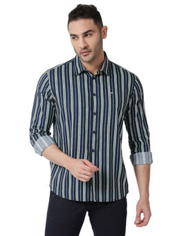BASICS - Stripes Teal Cotton Viscose Slim Fit Casual Shirt