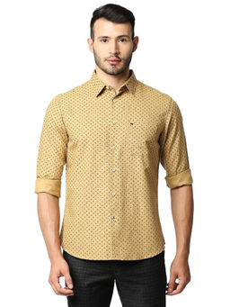 BASICS - Printed Khaki Cotton Linen Slim Fit Casual Shirt