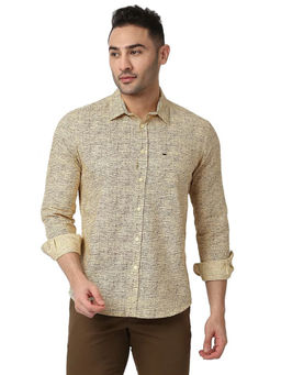 BASICS - Printed Beige Cotton Linen Slim Fit Casual Shirt