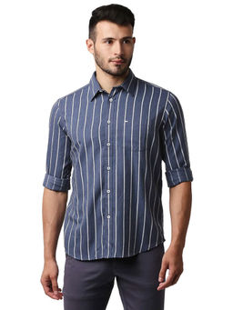 BASICS - Stripes Navy Blue Polyester Viscose Slim Fit Casual Shirt