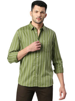 BASICS - Stripes Green Polyester Viscose Slim Fit Casual Shirt