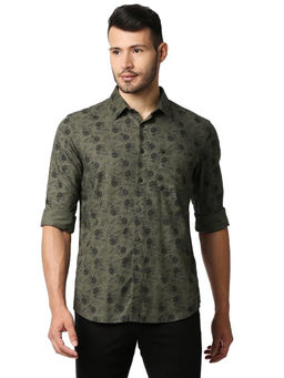 BASICS - Floral Olive Cotton Polyester Slim Fit Casual Shirt