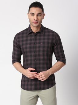 BASICS - Checked Purple Pure Cotton Slim Fit Casual Shirt