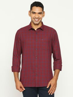 BASICS - Checked Red Pure Cotton Slim Fit Casual Shirt