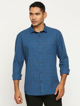 BASICS - Checked Mid Blue Pure Cotton Slim Fit Casual Shirt