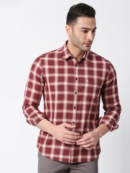 BASICS - Checked Maroon Pure Cotton Slim Fit Casual Shirt